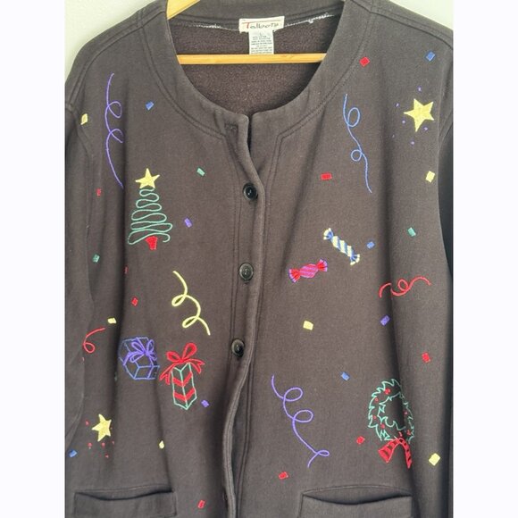 Talbots Holiday Cardigan Women’s Large Black Embroidered Festive Ugly Christmas - Picture 3 of 11
